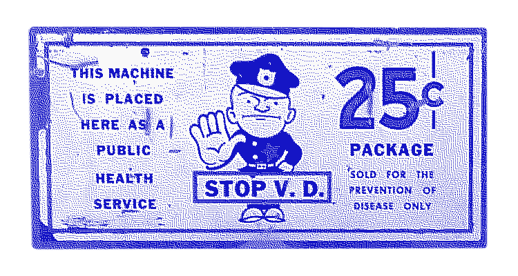The faceplate of an antique condom-vending machine, advertising its wares as intended 'for the prevention of disease only'.