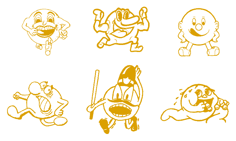 Select examples of derivative mascots affiliated with Pac-Man clones and knock-offs.